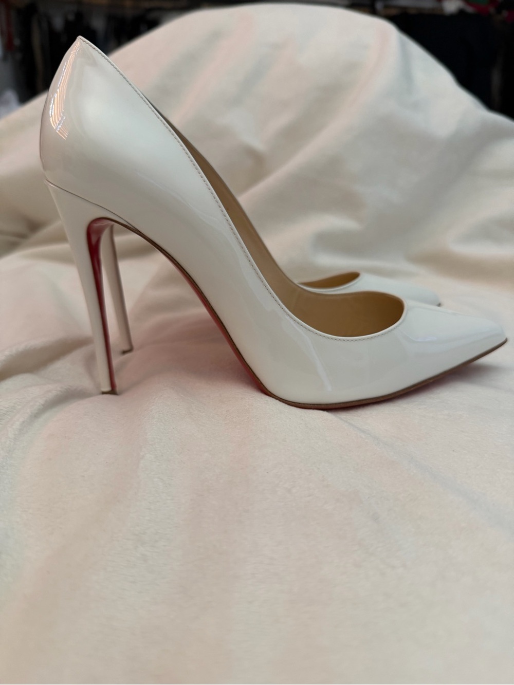 Christian Louboutin White Patent Pointed-Toe Stiletto Pumps with Red Soles